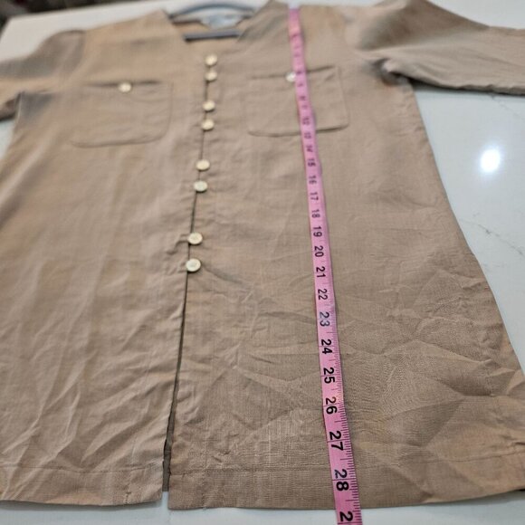 TOTOnKO Vintage Tunic Top Petite Linen Button Oversized Tan V-Neck Long Sleeve - Picture 8 of 8